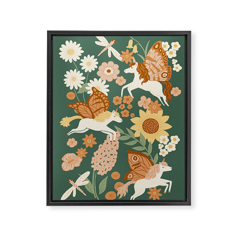 Butterfly Unicorns Frolicking in the Garden - Dark Framed Canvas Print Gallery Image 6