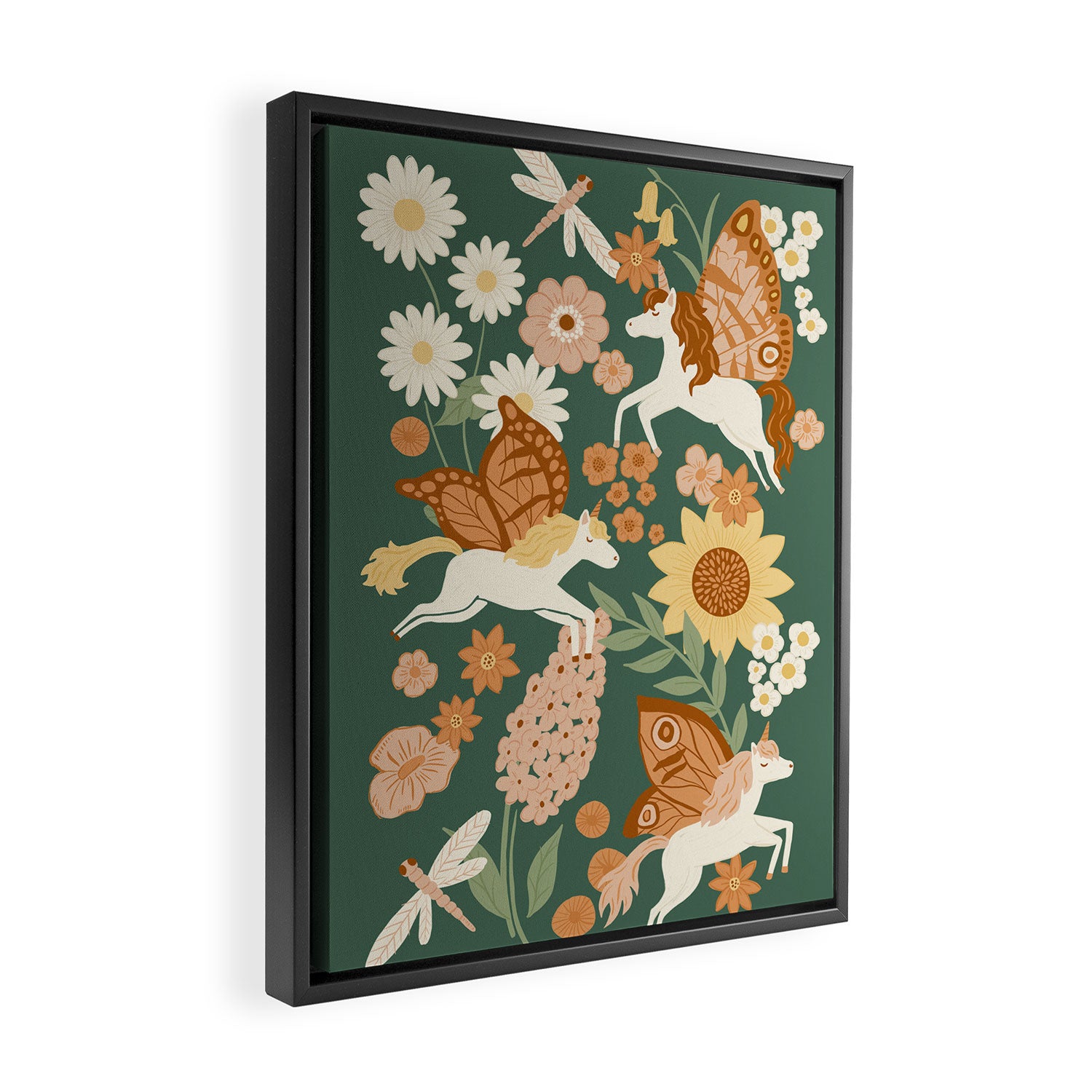 Butterfly Unicorns Frolicking in the Garden - Dark Framed Canvas Print Gallery Image 2