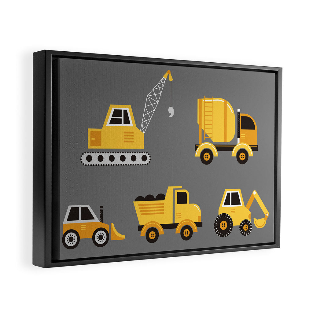 Construction Trucks on Gray Framed Canvas Print Gallery Image 2