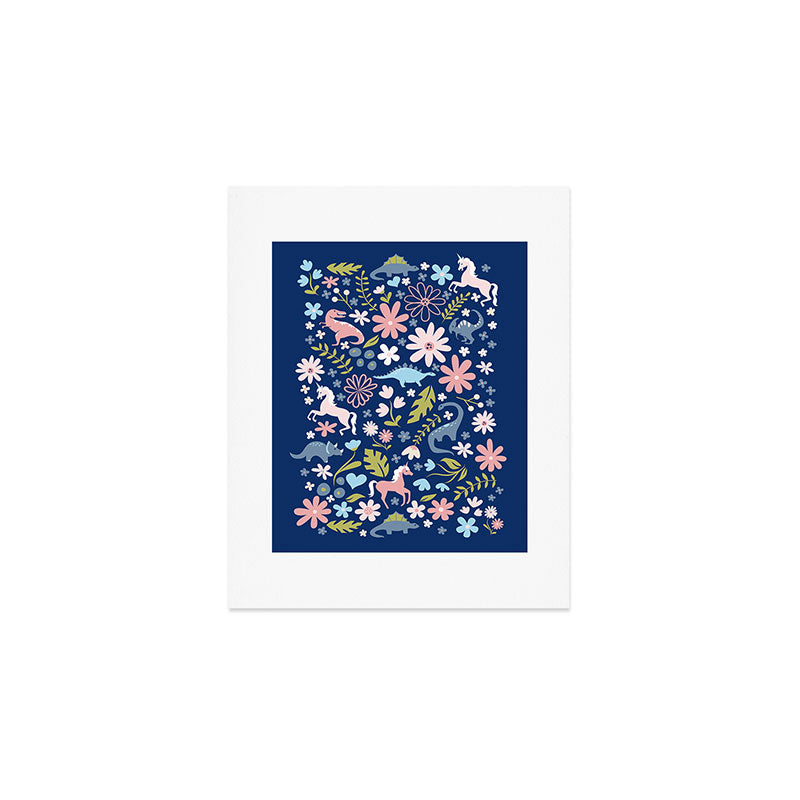 Dinosaur + Unicorn on Royal Blue Art Print Gallery Image 1