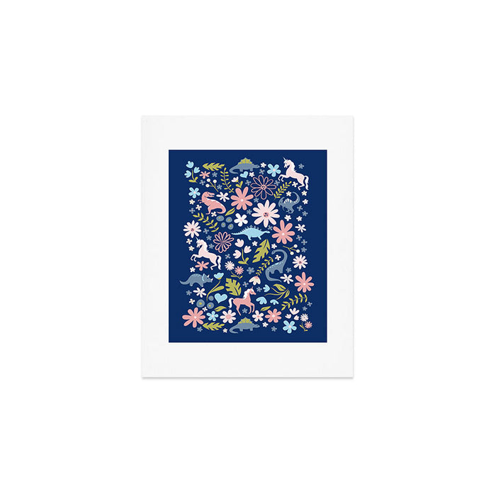 Dinosaur + Unicorn on Royal Blue Art Print Gallery Image 1