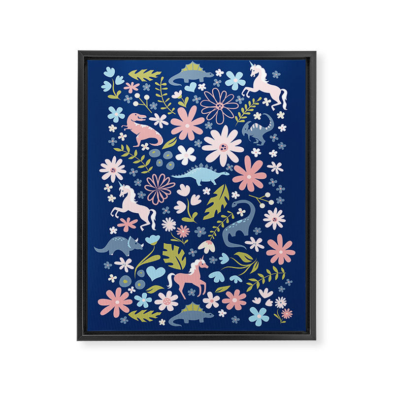 Dinosaur + Unicorn on Royal Blue Framed Canvas Print Gallery Image 6