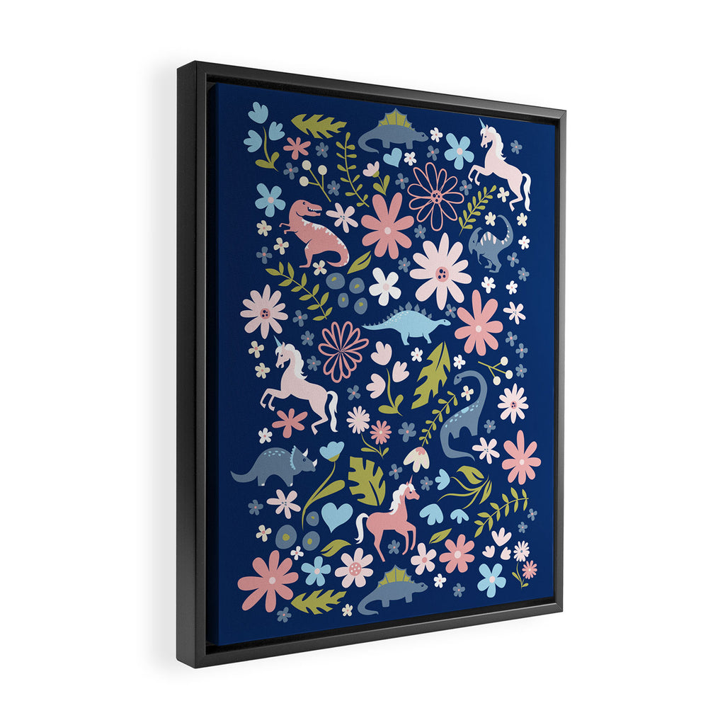 Dinosaur + Unicorn on Royal Blue Framed Canvas Print Gallery Image 2