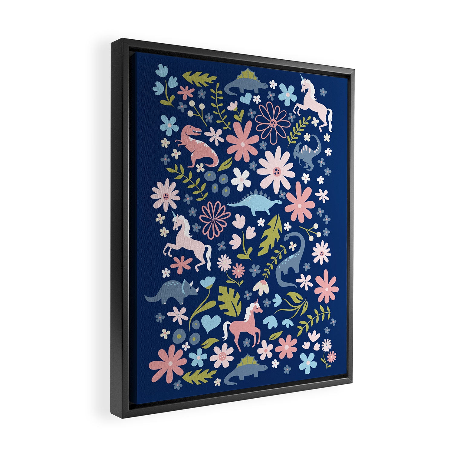 Dinosaur + Unicorn on Royal Blue Framed Canvas Print Gallery Image 2