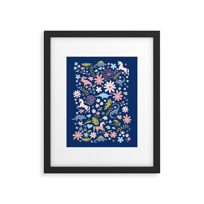 Dinosaur + Unicorn on Royal Blue Framed Art Print Gallery Image 1