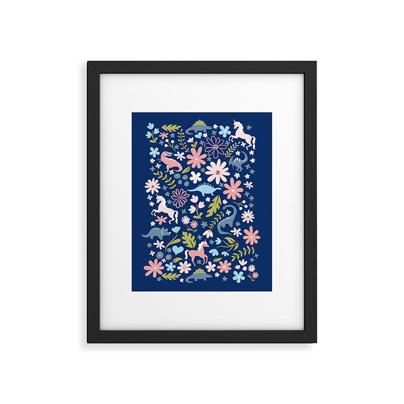 Dinosaur + Unicorn on Royal Blue Framed Art Print Gallery Image 4