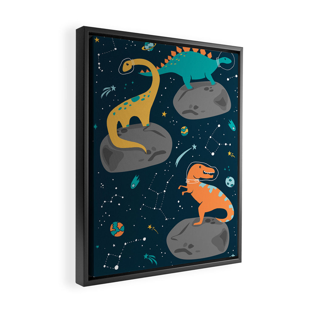 Dinosaurs Floating on an Asteroid Framed Canvas Print Gallery Image 2
