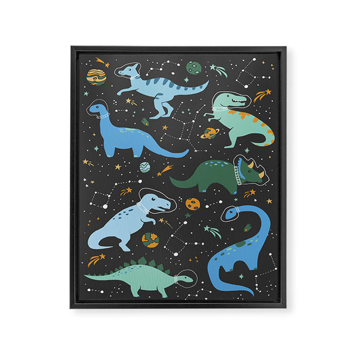 Dinosaurs in Space in Blue Framed Canvas Print Gallery Image 1