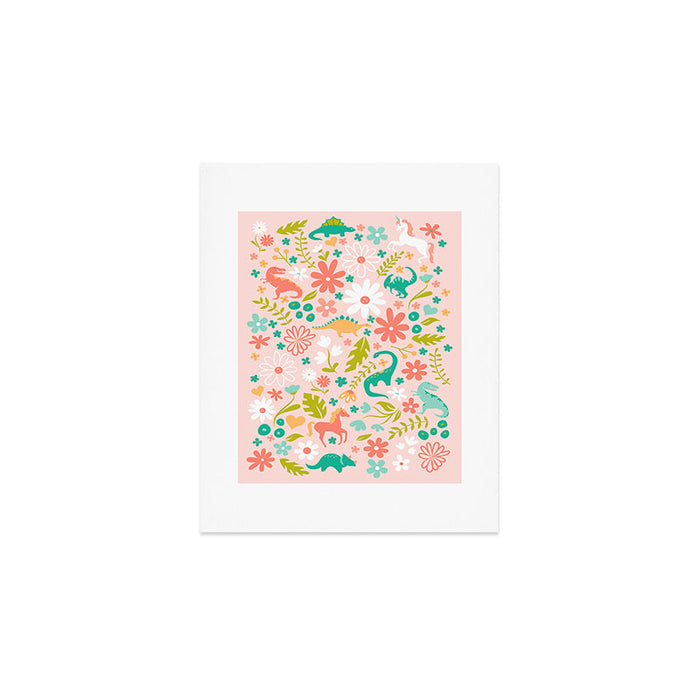 Dinosaurs + Unicorns in Pink + Teal Art Print Gallery Image 1