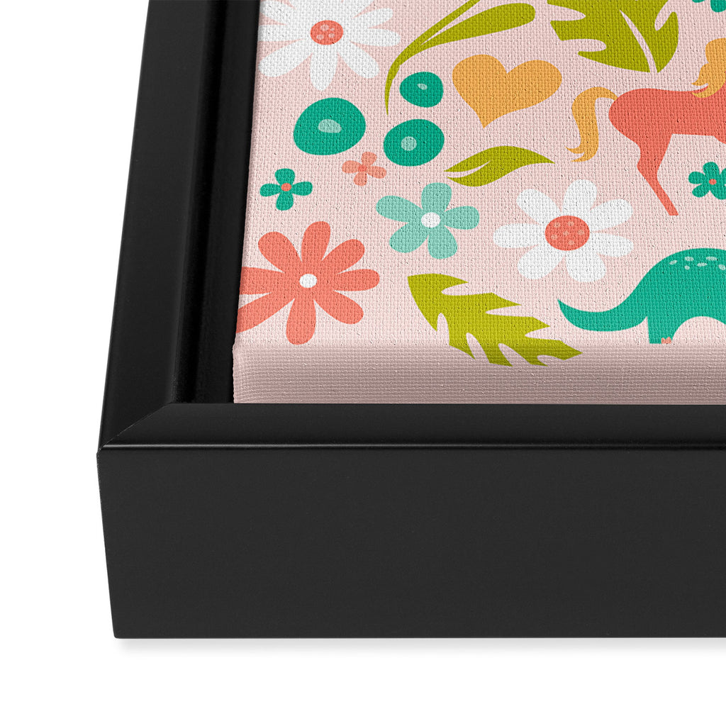 Dinosaurs + Unicorns in Pink + Teal Framed Canvas Print Gallery Image 3