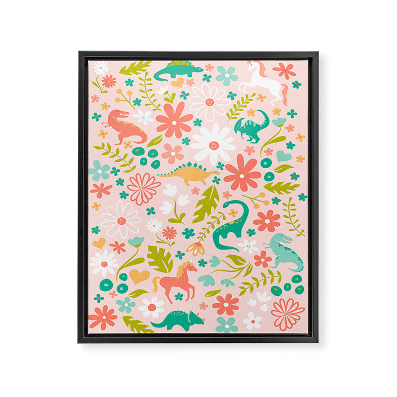 Dinosaurs + Unicorns in Pink + Teal Framed Canvas Print Gallery Image 6
