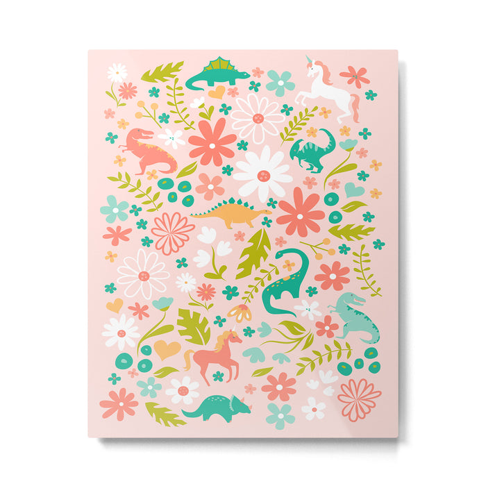 Dinosaurs + Unicorns in Pink + Teal Metal Print Gallery Image 1