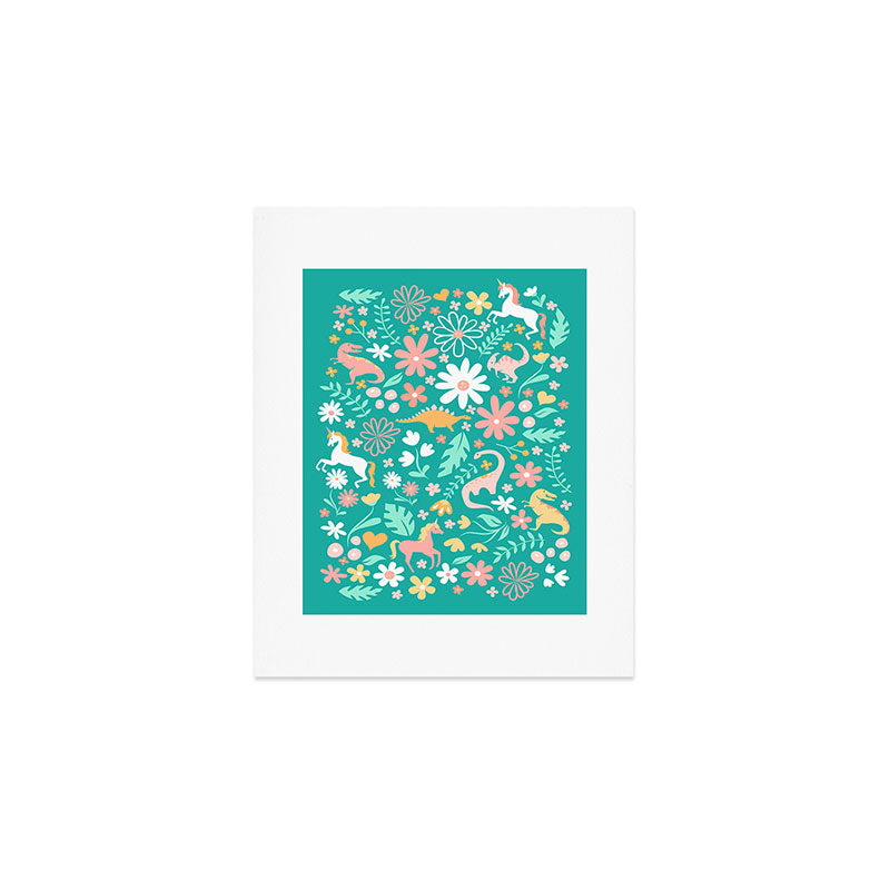 Dinosaurs + Unicorns on Teal Art Print Gallery Image 1