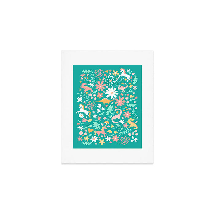 Dinosaurs + Unicorns on Teal Art Print Gallery Image 1