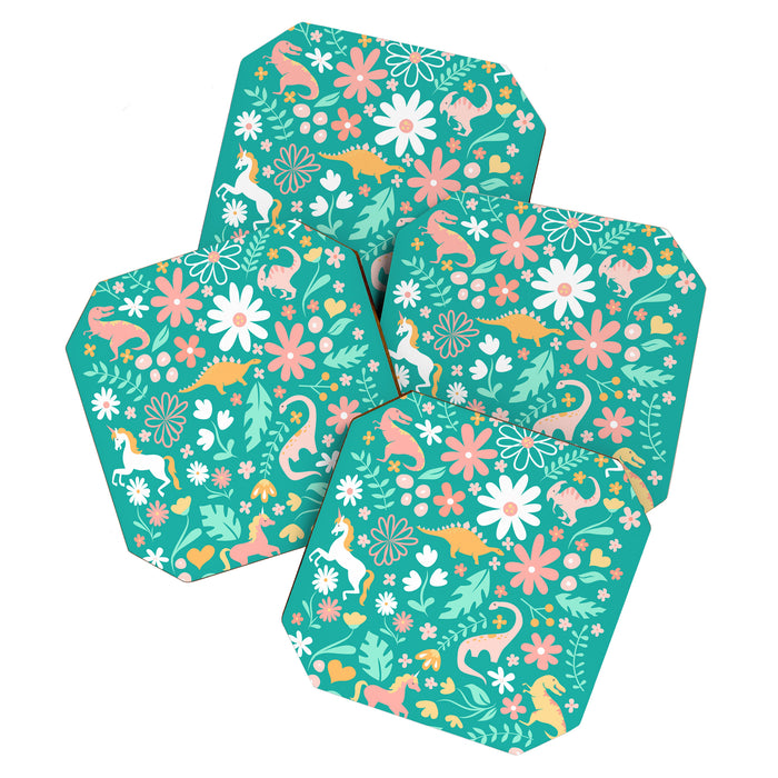 Dinosaurs + Unicorns on Teal Coaster Gallery Image 1