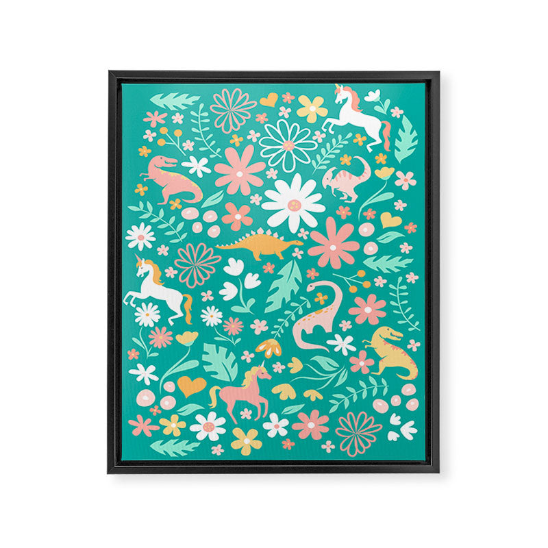 Dinosaurs + Unicorns on Teal Framed Canvas Print Gallery Image 6