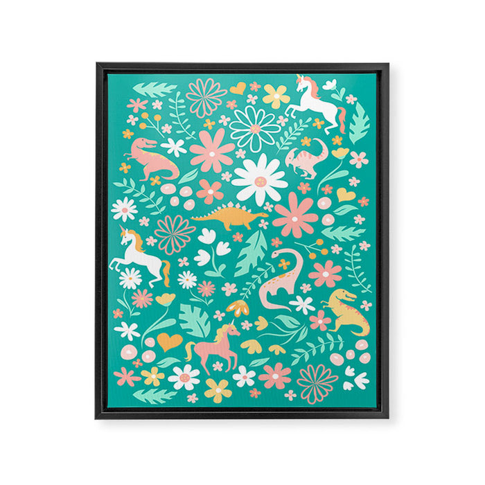 Dinosaurs + Unicorns on Teal Framed Canvas Print Gallery Image 1