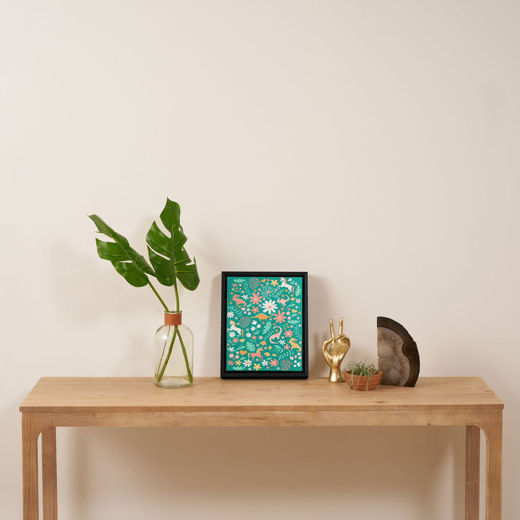 Dinosaurs + Unicorns on Teal Framed Canvas Print Gallery Image 4