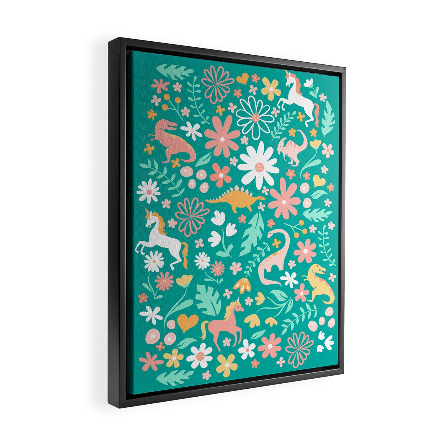 Dinosaurs + Unicorns on Teal Framed Canvas Print Gallery Image 2