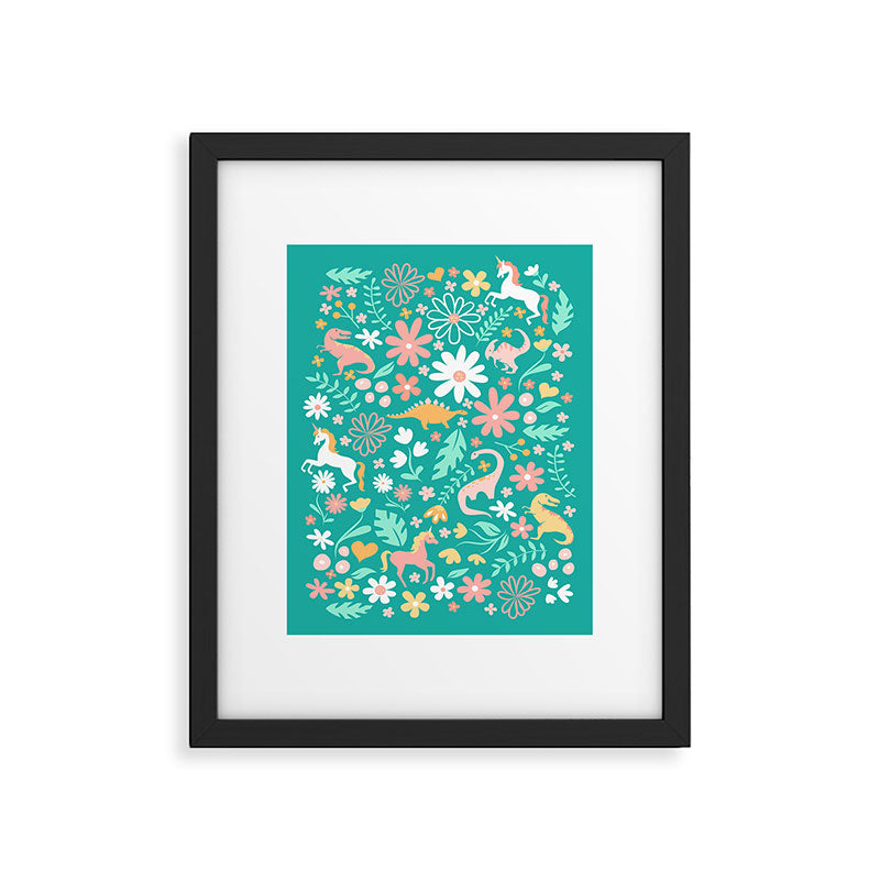 Dinosaurs + Unicorns on Teal Framed Art Print Gallery Image 5