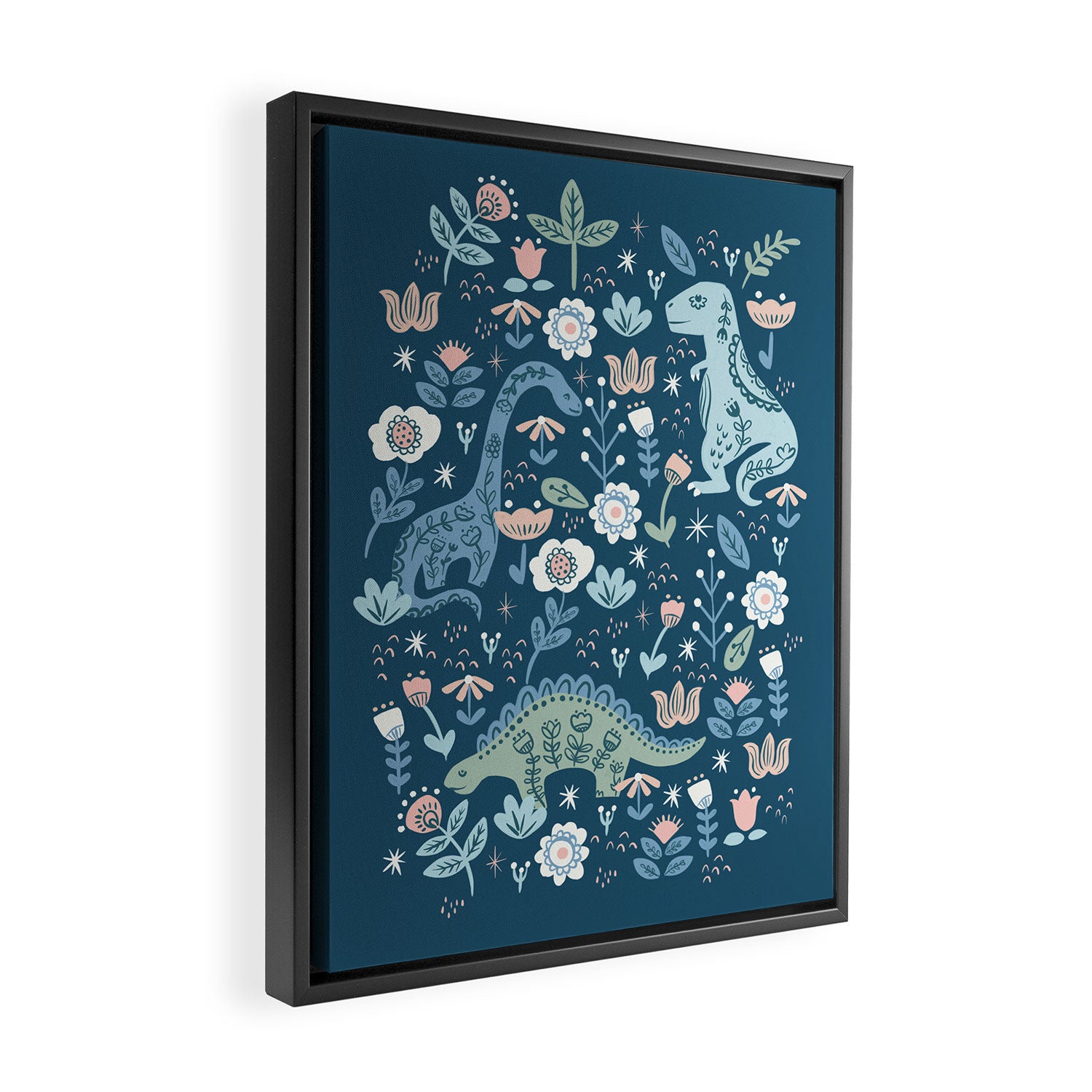Folk Dinosaurs in Blue Framed Canvas Print Gallery Image 2