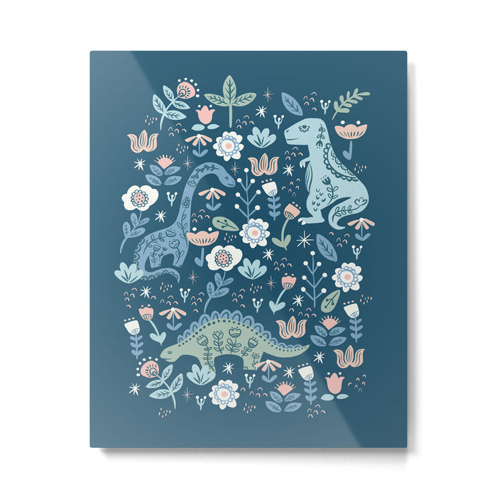 Folk Dinosaurs in Blue Metal Print Gallery Image 1