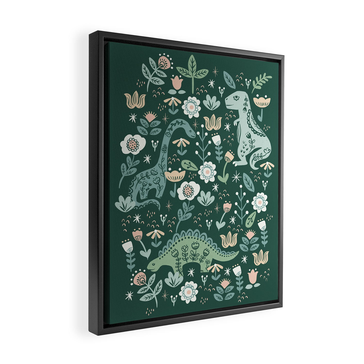 Folk Floral Dinosaur Framed Canvas Print Gallery Image 2
