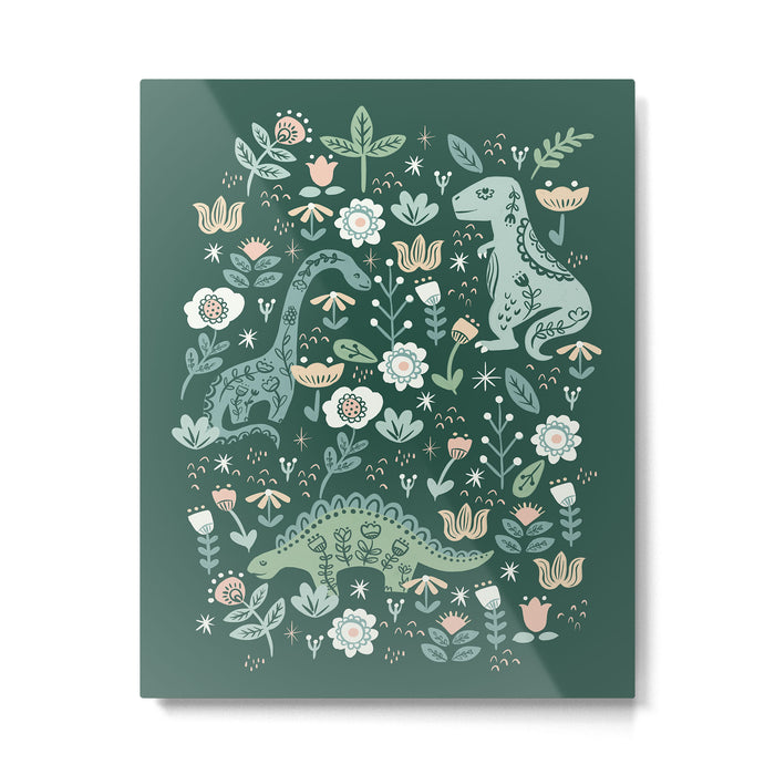 Folk Floral Dinosaur Metal Print Gallery Image 1