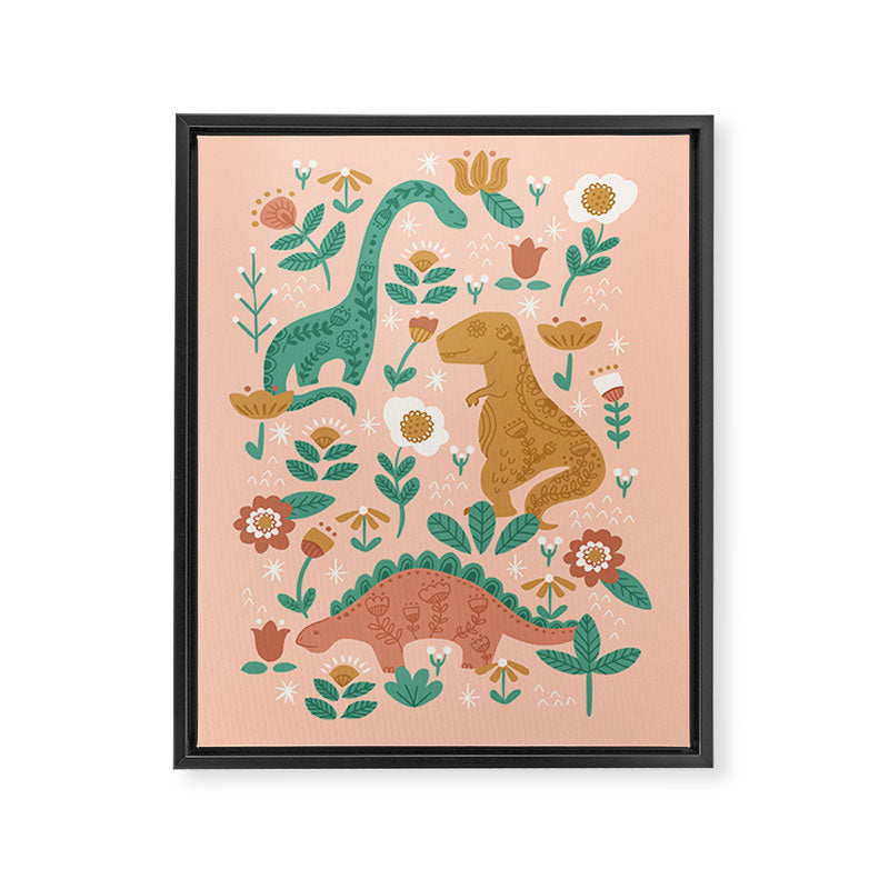 Folk Floral Dinosaurs in Pink Framed Canvas Print Gallery Image 6