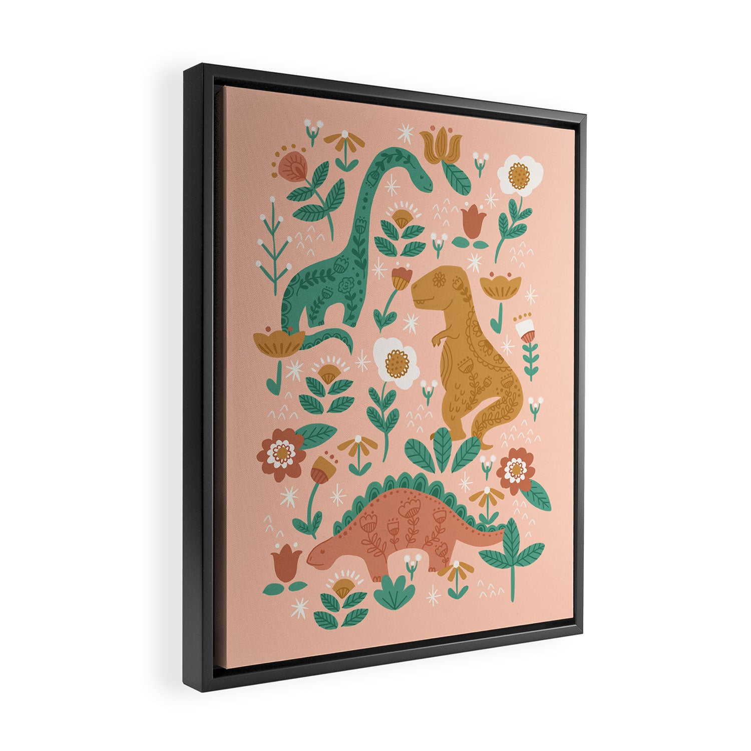 Folk Floral Dinosaurs in Pink Framed Canvas Print Gallery Image 2