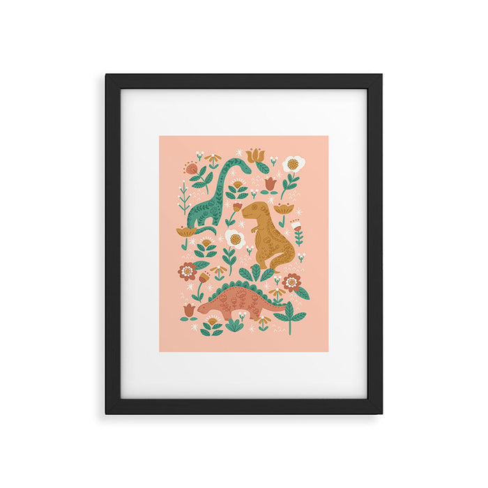 Folk Floral Dinosaurs in Pink Framed Art Print Gallery Image 1