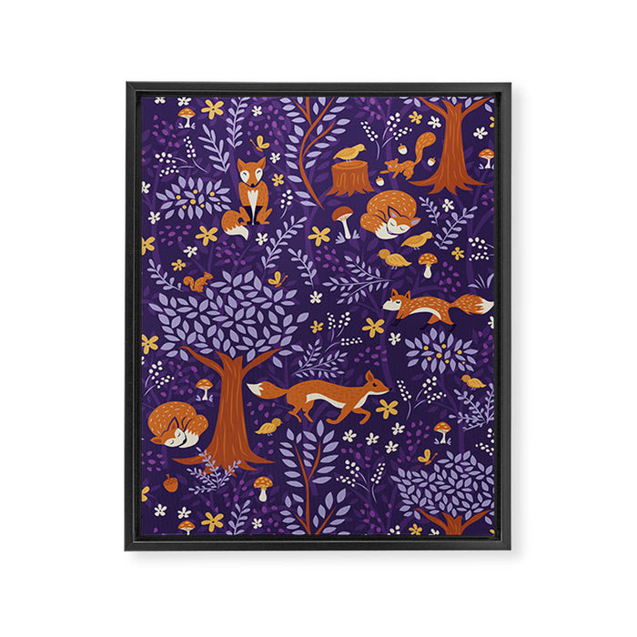 Foxes Playing in a Purple Forest Framed Canvas Print Gallery Image 1