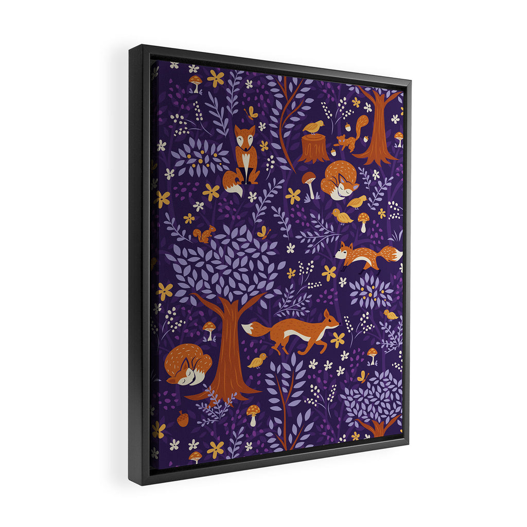Foxes Playing in a Purple Forest Framed Canvas Print Gallery Image 2