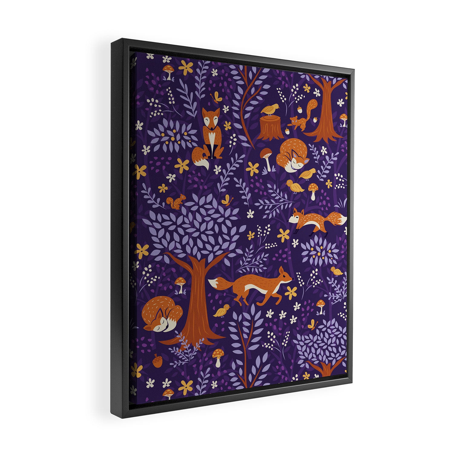 Foxes Playing in a Purple Forest Framed Canvas Print Gallery Image 2