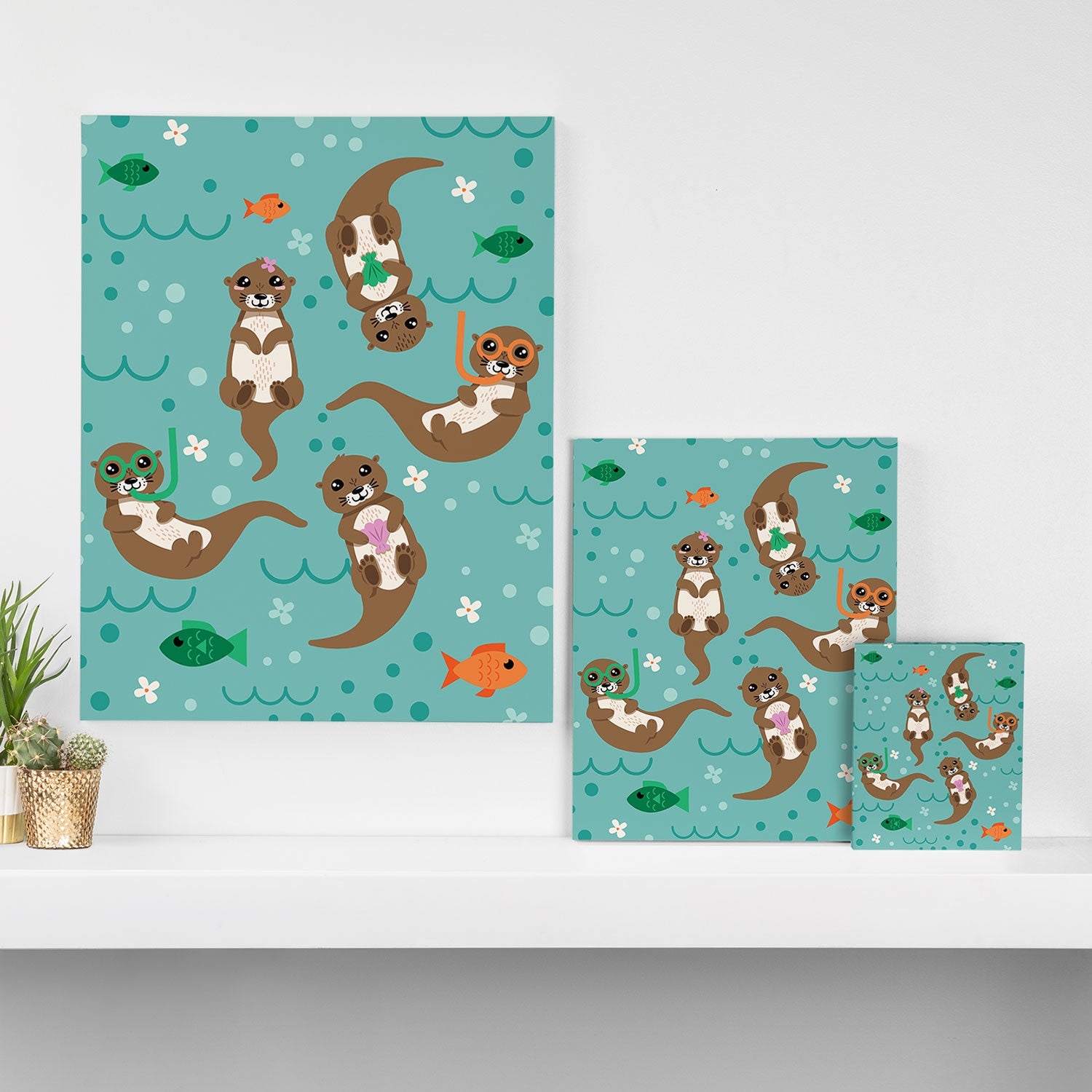 Kawaii Otters Playing Underwater Canvas Print Gallery Image 3