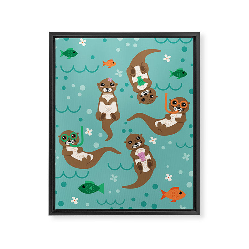 Kawaii Otters Playing Underwater Framed Canvas Print Gallery Image 6