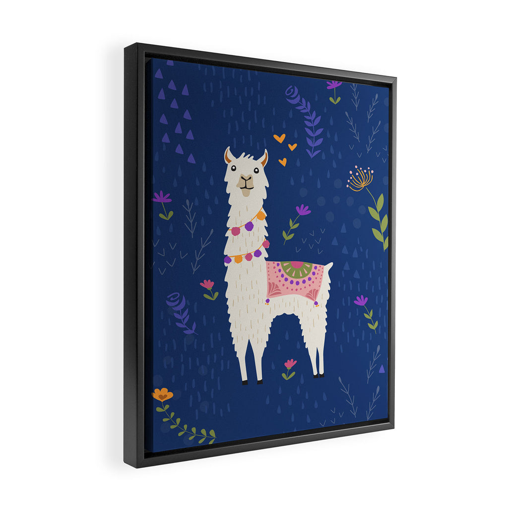 Llama on Blue Framed Canvas Print Gallery Image 2