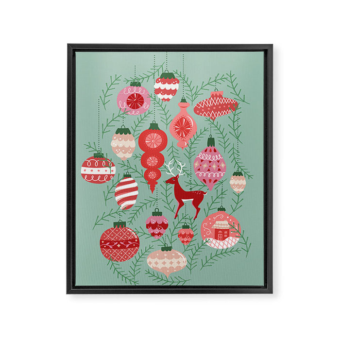 Mid-Century Ornaments in Red and Mint Framed Canvas Print Gallery Image 1