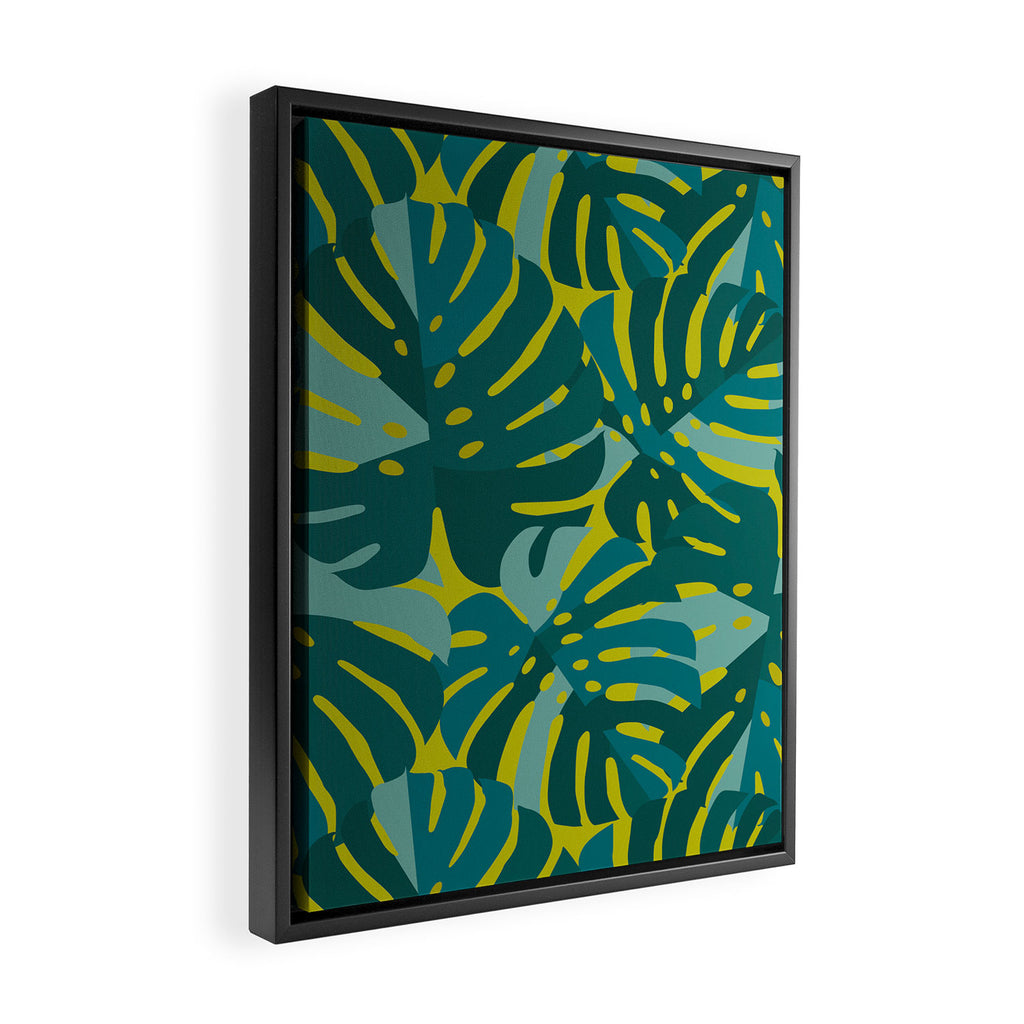 Monstera Leaves in Teal Framed Canvas Print Gallery Image 2