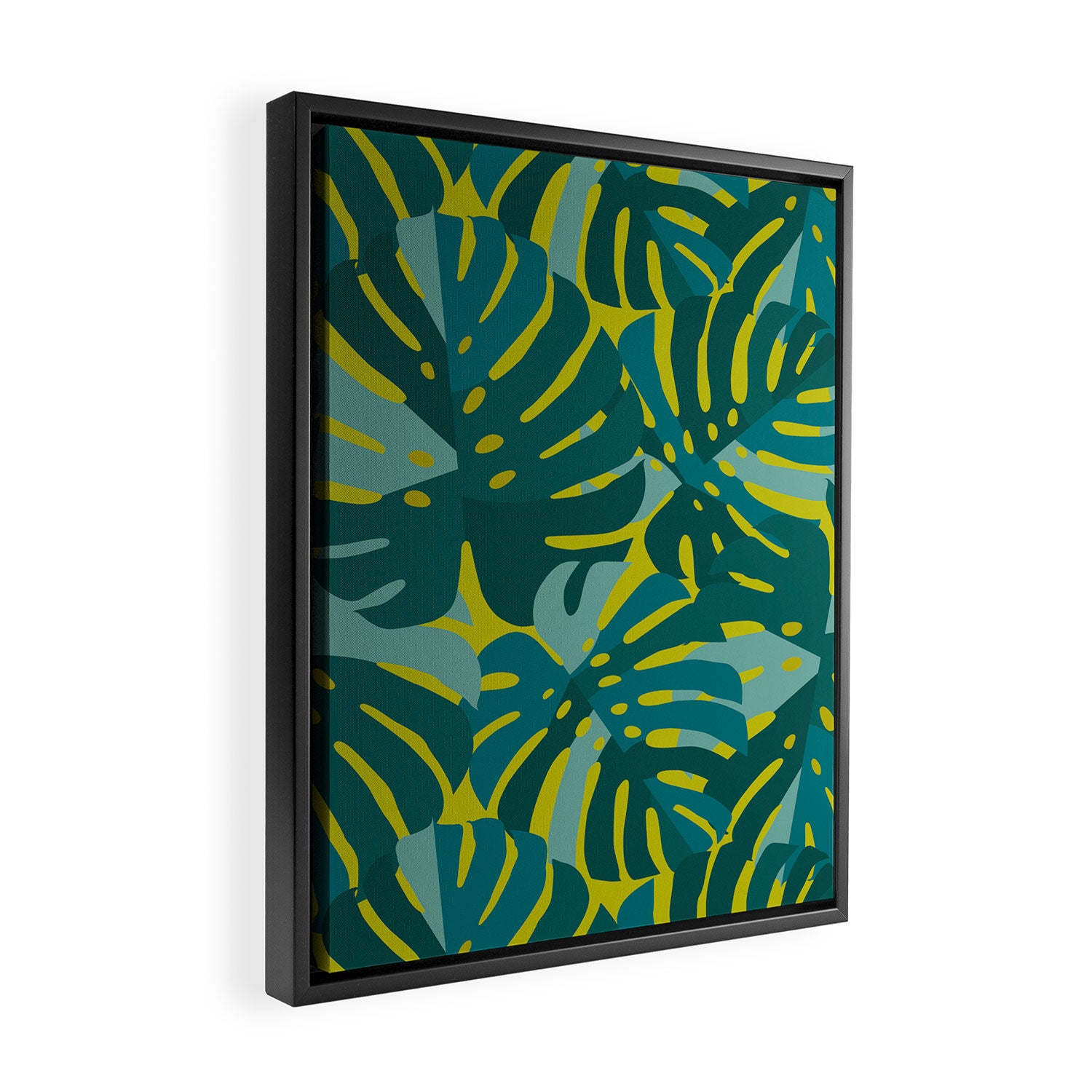 Monstera Leaves in Teal Framed Canvas Print Gallery Image 2