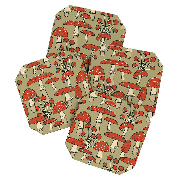Red Cap Mushrooms on Sage Green Coaster Gallery Image 1