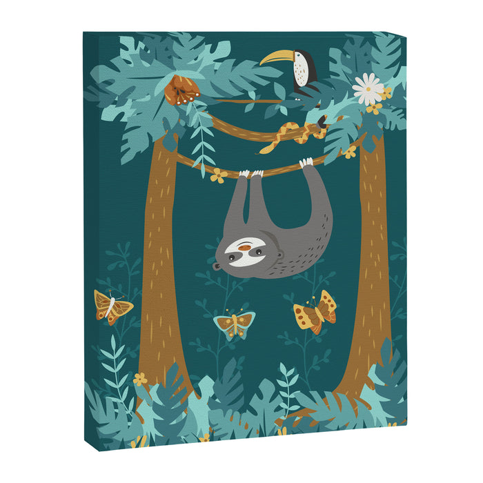 Sloth Hanging in a Teal Forest Canvas Print Gallery Image 1