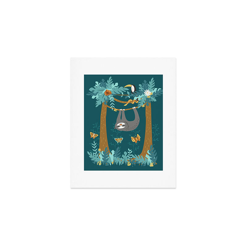 Sloth Hanging in a Teal Forest Art Print Gallery Image 1