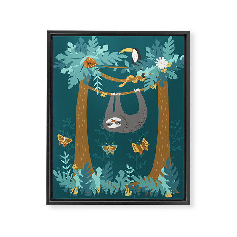 Sloth Hanging in a Teal Forest Framed Canvas Print Gallery Image 6