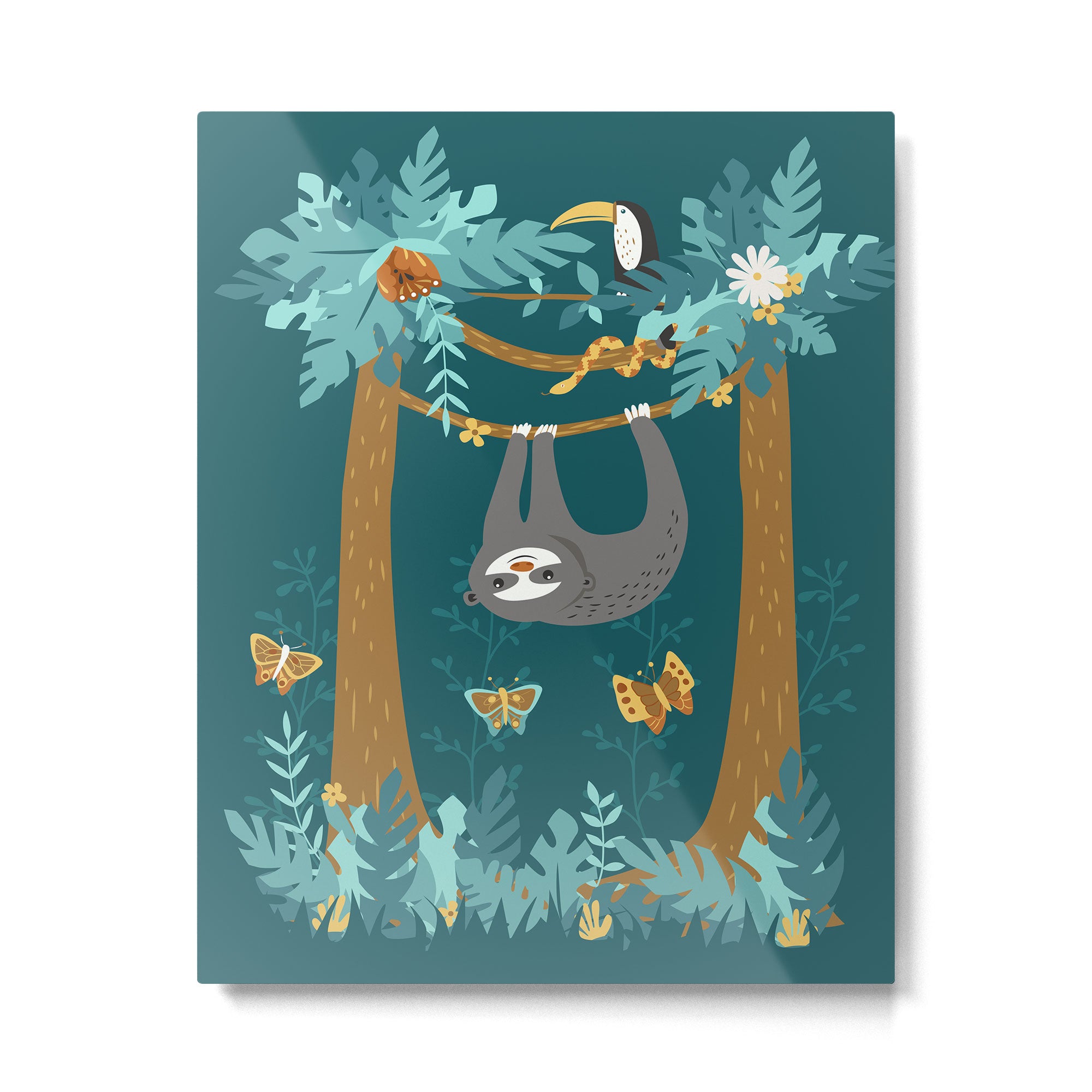 Sloth Hanging in a Teal Forest Metal Print Gallery Image 4