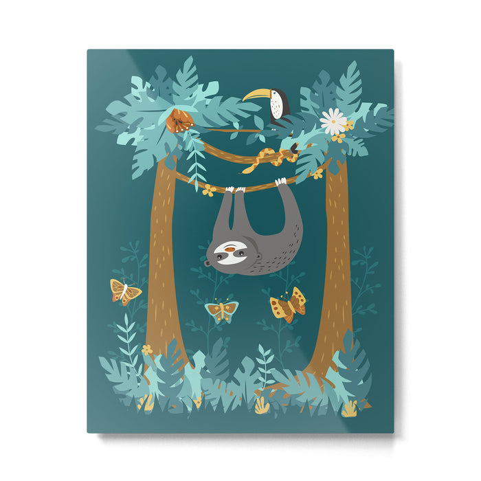 Sloth Hanging in a Teal Forest Metal Print Gallery Image 1