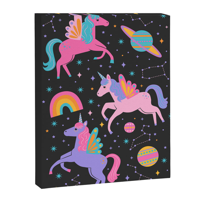 Space Unicorns - Neon Rainbow on Black Canvas Print Gallery Image 1