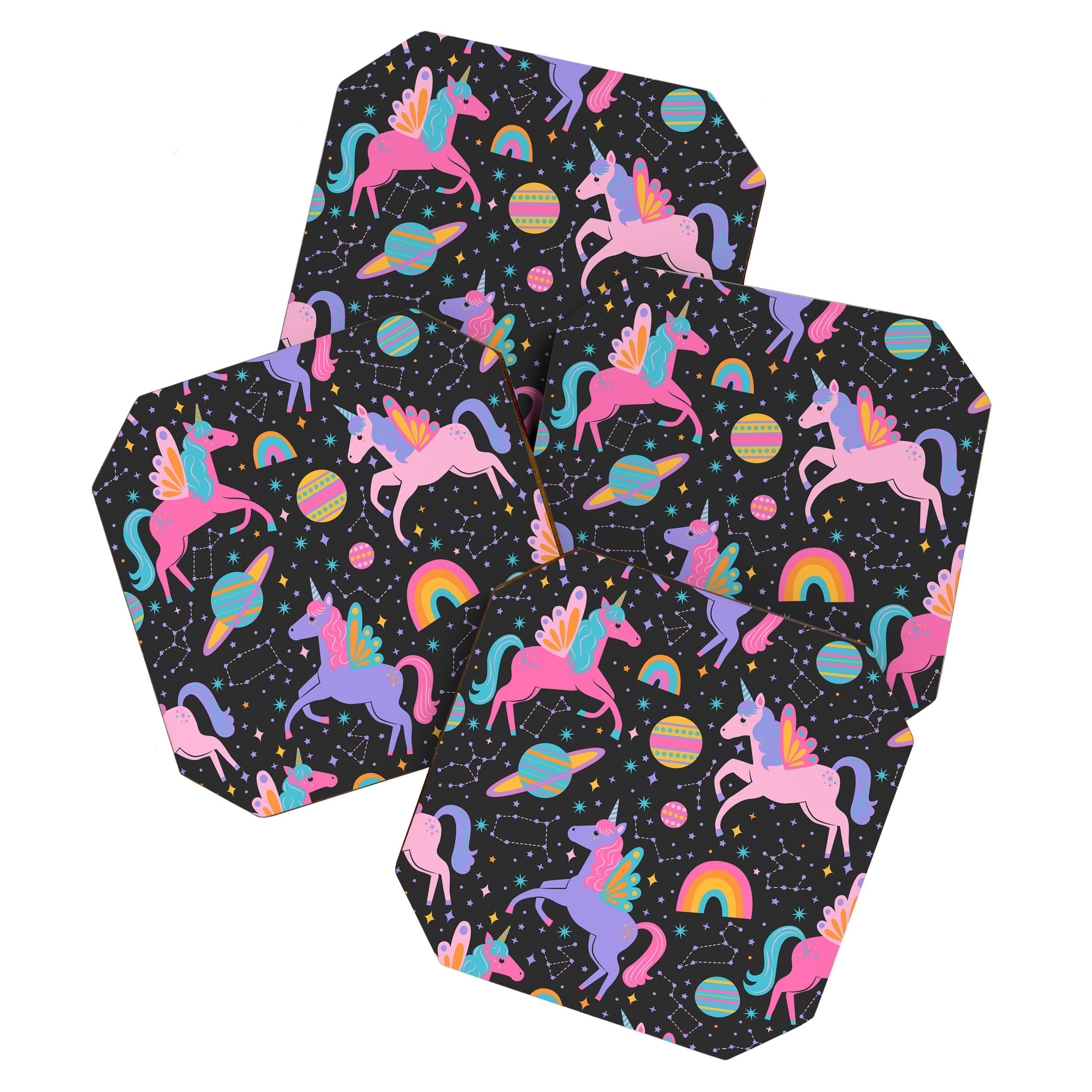 Space Unicorns - Neon Rainbow on Black Coaster Gallery Image 1