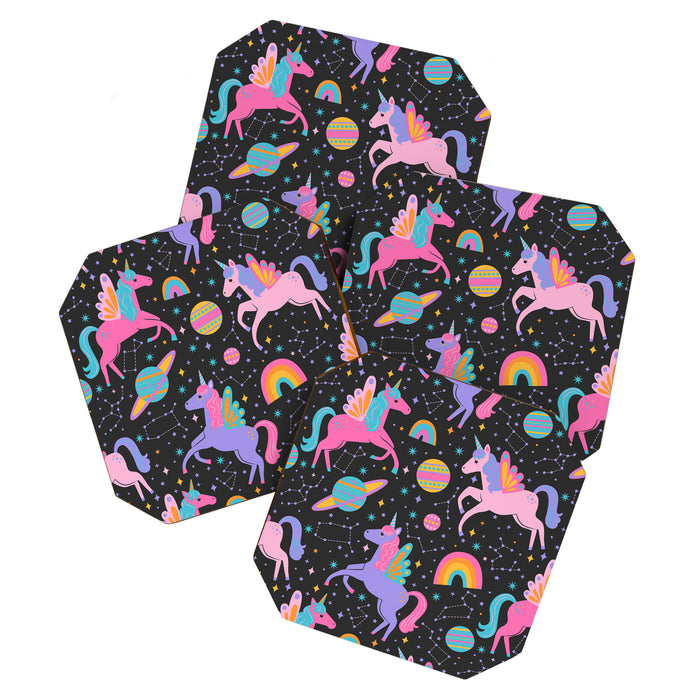 Space Unicorns - Neon Rainbow on Black Coaster Gallery Image 1