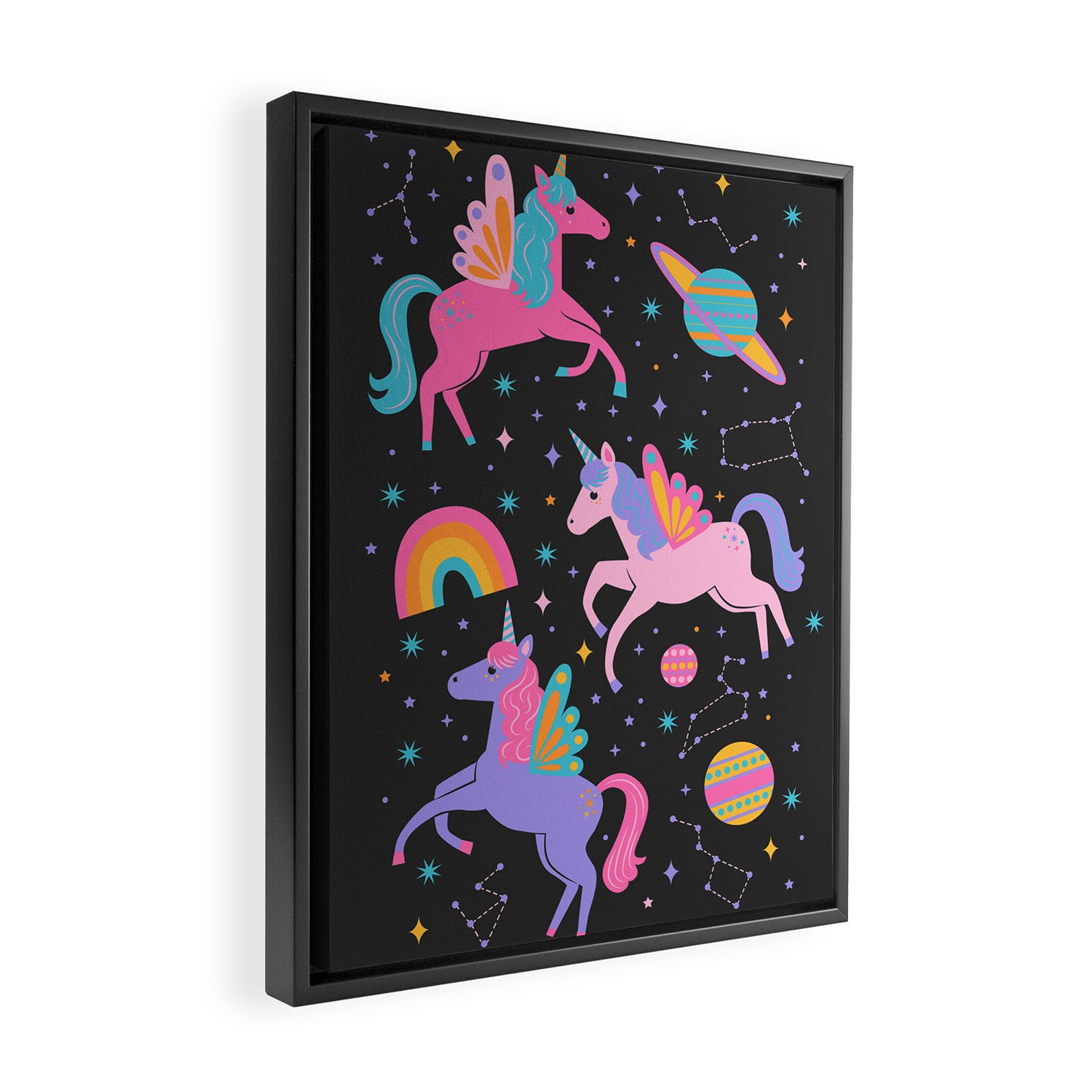 Space Unicorns - Neon Rainbow on Black Framed Canvas Print Gallery Image 2